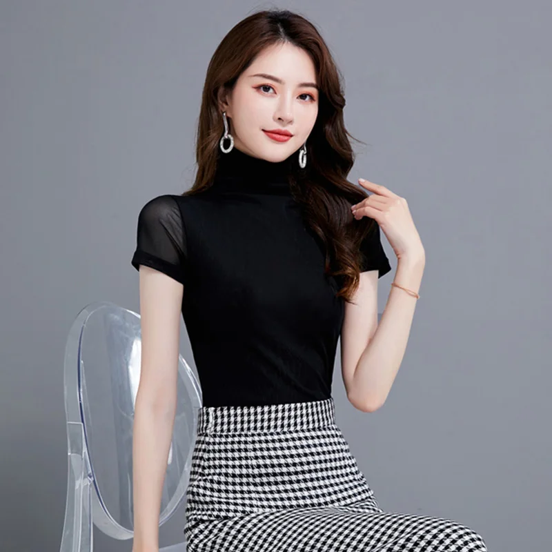

Summer Woman Blouse Shirt Pullover Turtleneck 2020 New Plus size Short sleeve Womans Shirts Tops White/Black