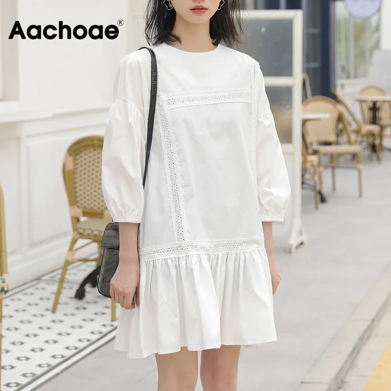Aachoae O Neck Embroidery Patchwork Mini Dress Batwing Sleeve Loose White Dress Lady Hollow Out Chic Pleated Dresses Ropa Mujer Aachoae O Neck Embroidery Patchwork Mini Dress Batwing Sleeve Loose White Dress Lady Hollow Out Chic Pleated Dresses Ropa Mujer