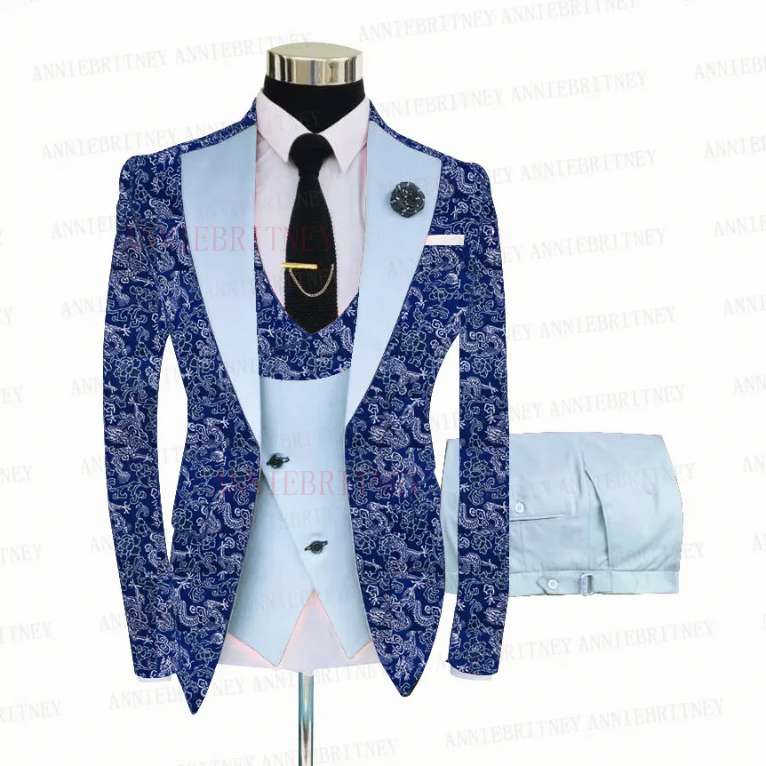 Men Fashion Blue Floral Printed 3-Piece Suit Groom Wedding Tuxedo Slim Fit Shiny Blazer Vest Pants Set