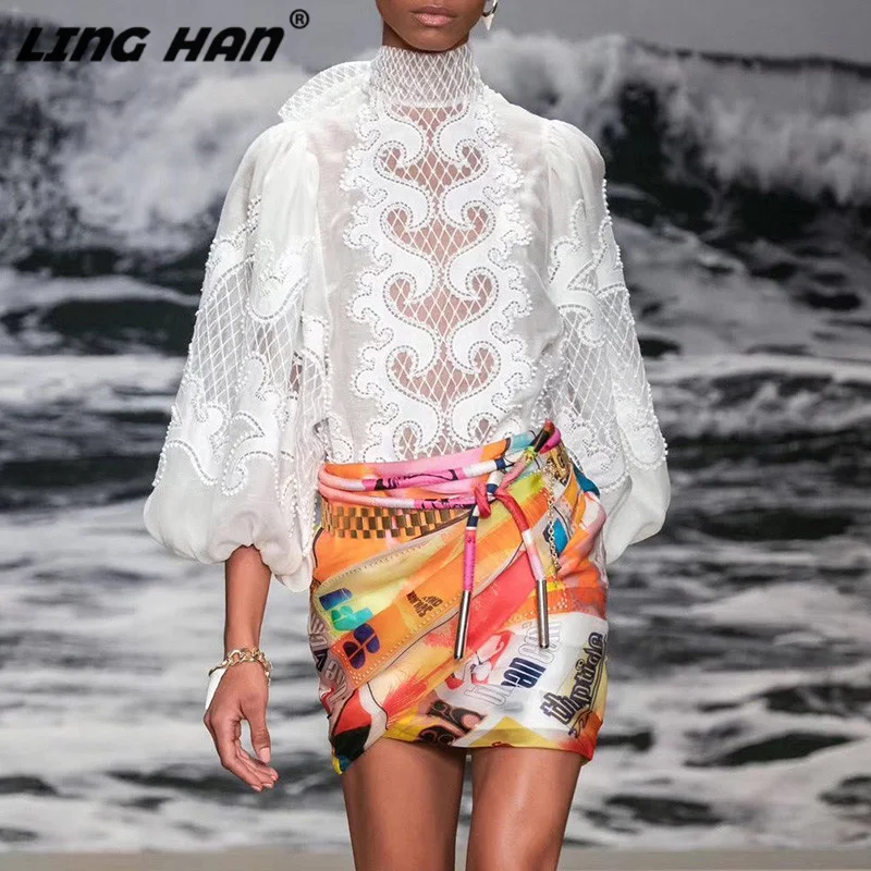 

LINGHAN Runway New Set Women's Hollow Embroidery Puff Sleeve top + Print Shorts Two-piece set