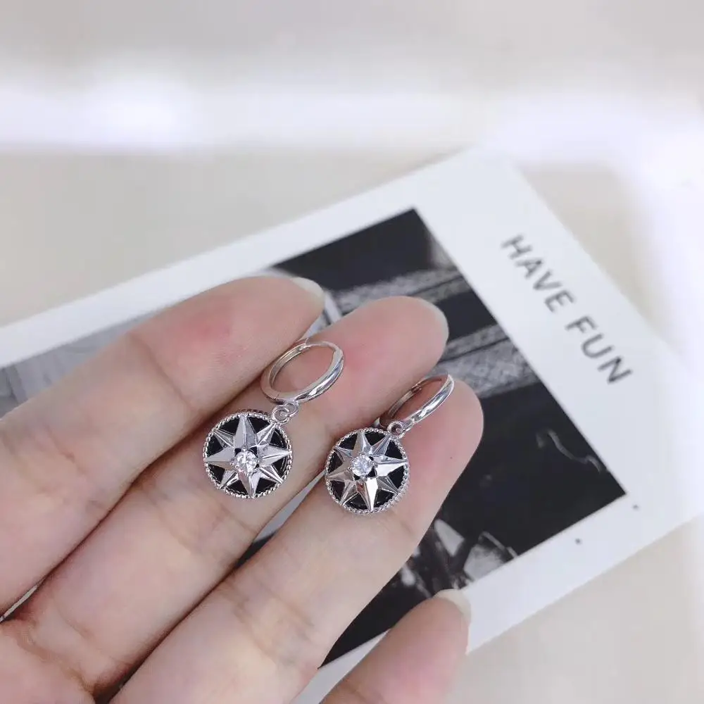 Серьги из стерлингового серебра 925 пробы, черный оникс, звезда, луна, короткий кулон круглая капля серьга, тренд моды, темперамент, женские серьги