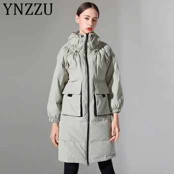 

YNZZU Safari Style 2019 Winter Women's Down Jacket Casual Long Pockets Duck Down Coats Stand Collar Warm Female Outwears A1280