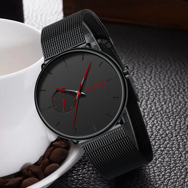 Najtaniej CIVO moda męskie zegarki kwarcowe zegarek mężczyźni wodoodporny minimalistyczny Ultra cienka siatka ze stali nierdzewnej zegarek dla człowieka zegar na prezent