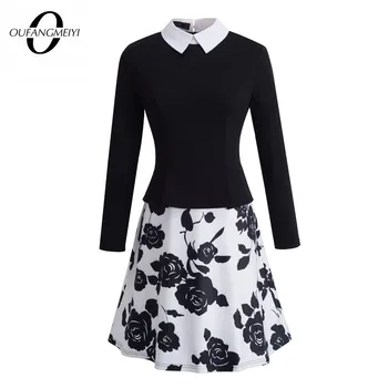 

Women Retro Floral Print Turndown Collar Elegant Dress Patchwork Flare A-line Party Dress EA027