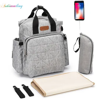 

Fashion embroidered waterproof mummy bag baby bag with USB 4-piece multi-functional double shoulder diaper bag