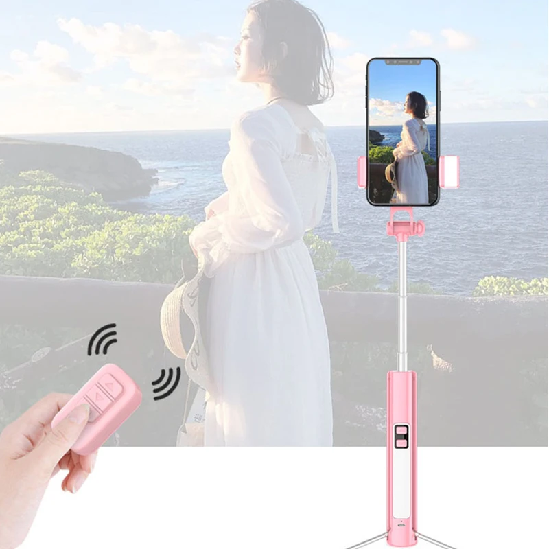 

New Style Integrated Multi-function Live Broadcast Holder Fill Light Mobile Phone Bluetooth Selfie Stick With Tripod Pink