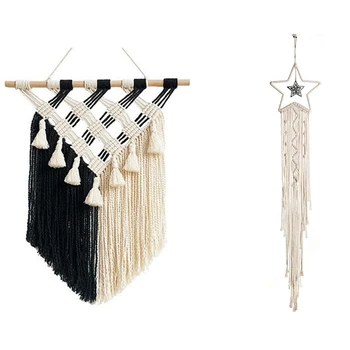 

1 Pcs Boho Style Handmade Moon Star Tapestry & 1 Pcs Hand-Woven Cotton Rope Boho Chic Lace Tapestry Ornament