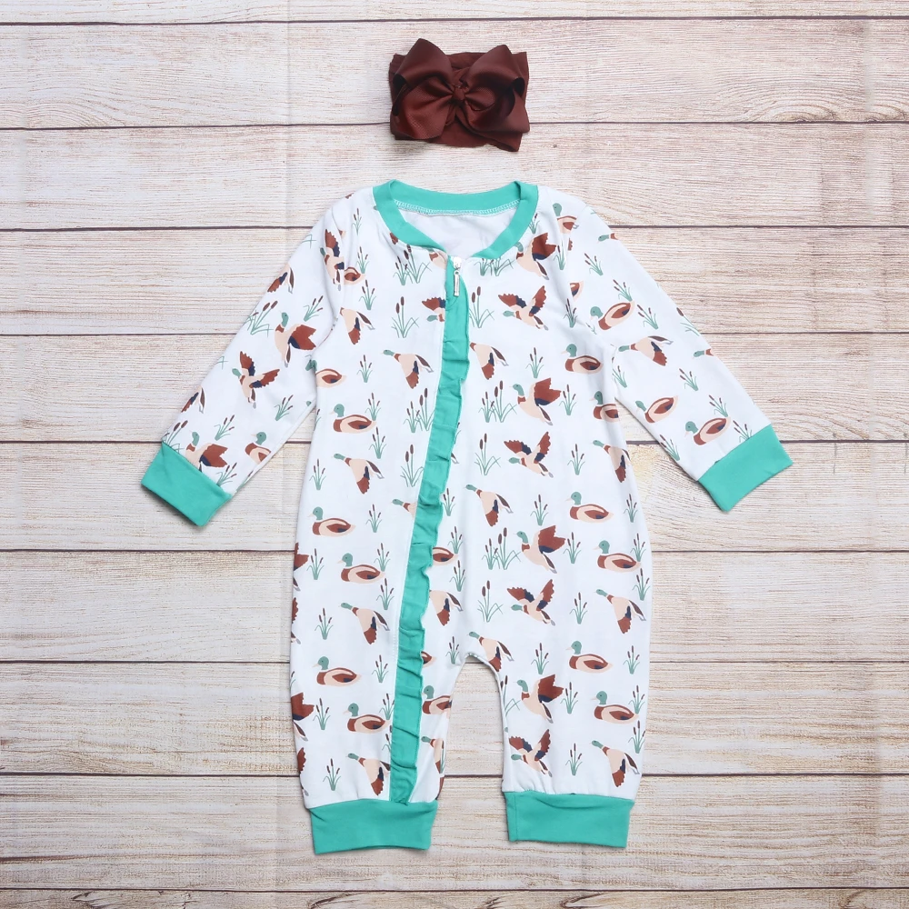 best baby bodysuits Autumn Girls Clothes White Long Sleeve Green Cuffs Wild Duck And Reeds Print Pattern Toddler Baby Romper vintage Baby Bodysuits