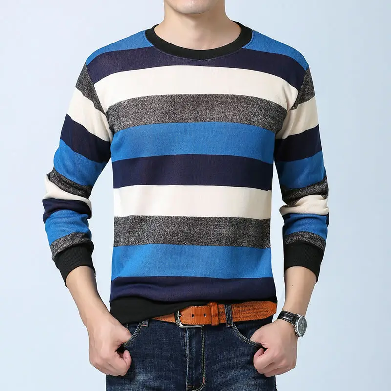 Business casual autumn winter warm pullover knitted striped male gold fleece sweater men dress thick mens sweaters clothing