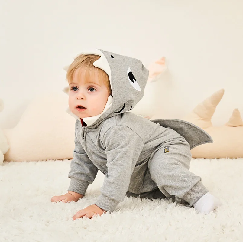 

Clothes for Babies Spring And Autumn Cartoon Shark Hooded Romper Europe And America INS bao ban Baby Halloween Onesie Crawling C