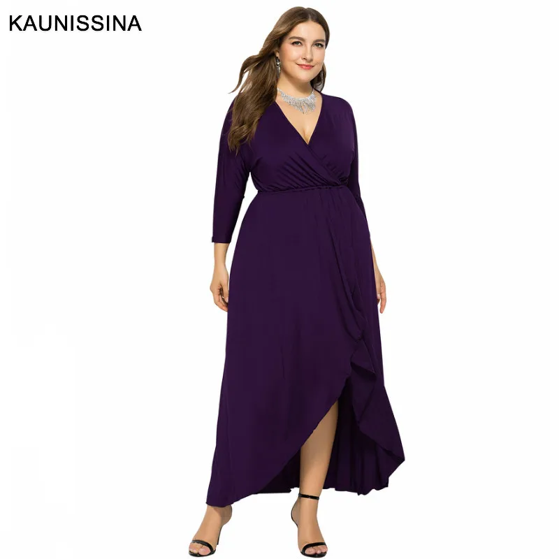 Purple KAUNISSINA размера плюс вечерние платья для женщин с длинным рукавом Твердые коктейльные платья с длинным v-образным вырезом платье для выпускного вечера Вечернее платье для коктейля - Цвет: Purple