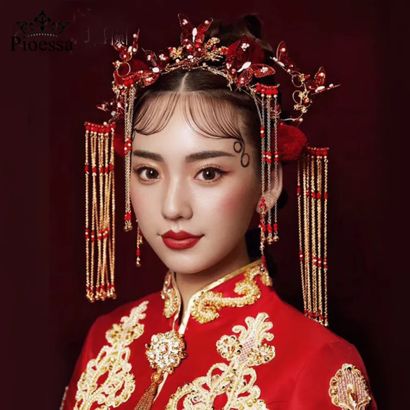 

Pioessa Chinese style wedding Phoenix crown bride oasting dress red butterfly tassel ancient dress crown ornament