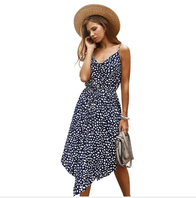 

2020 Spring Summer New Ruffle Midi Dress Women Sling Dress with Floral Printed Strap Dress Open-Back Fashion Sundress CL198