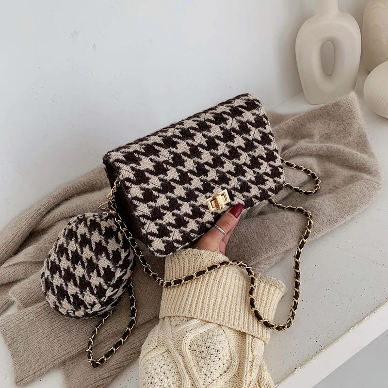 

2019 Autumn Winter Houndstooth clamshell Chain Bag Lady Retro Woolen Handbags Plaid shoulder Messenger Bag Girls Crossbody Bag