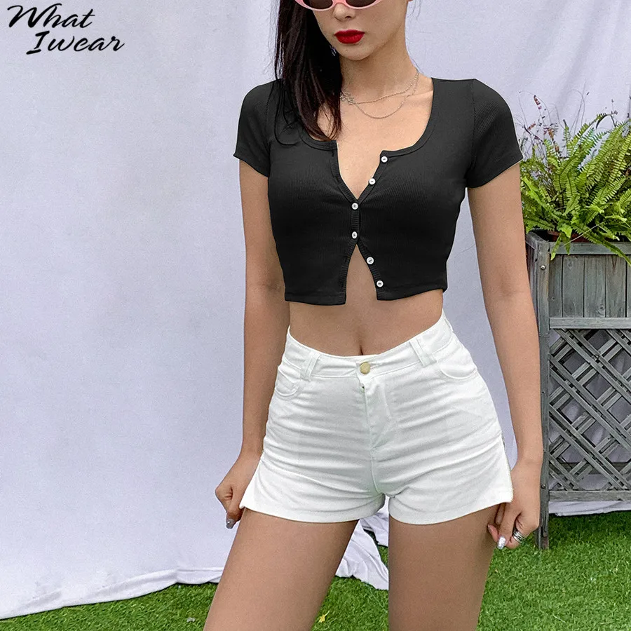 Women sexy slim short sleeve t-shirts o-neck buttons female stretchy short tees ctop tops party basic soft fabric 2020 summer
