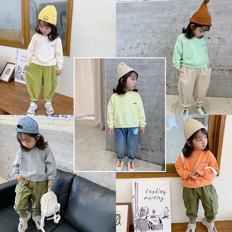 

Spring New Arrival korean style cotton pure color letters prined all-match loose hoodie for fashion cute baby girls and boys