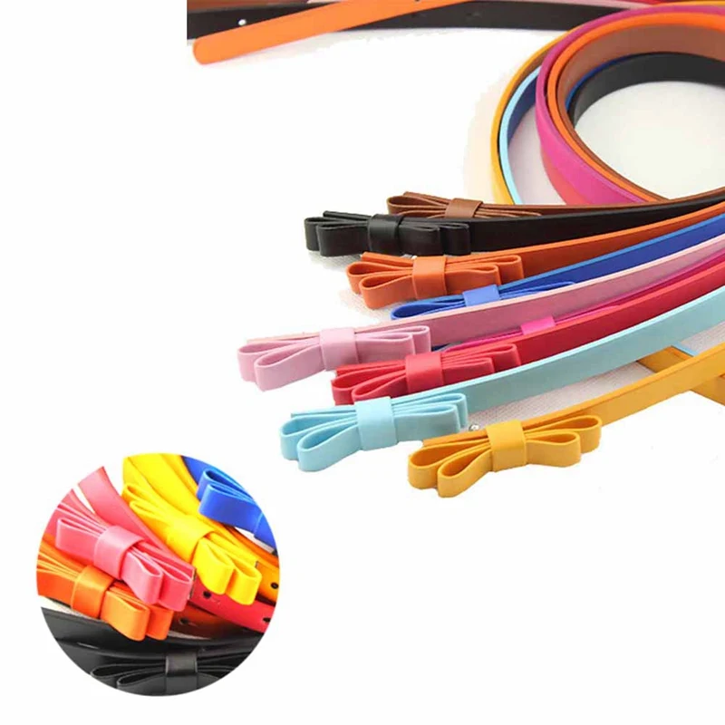 Bow Bowknot Women Belts Candy Color Skinny P U Leather Thin Waist Belt