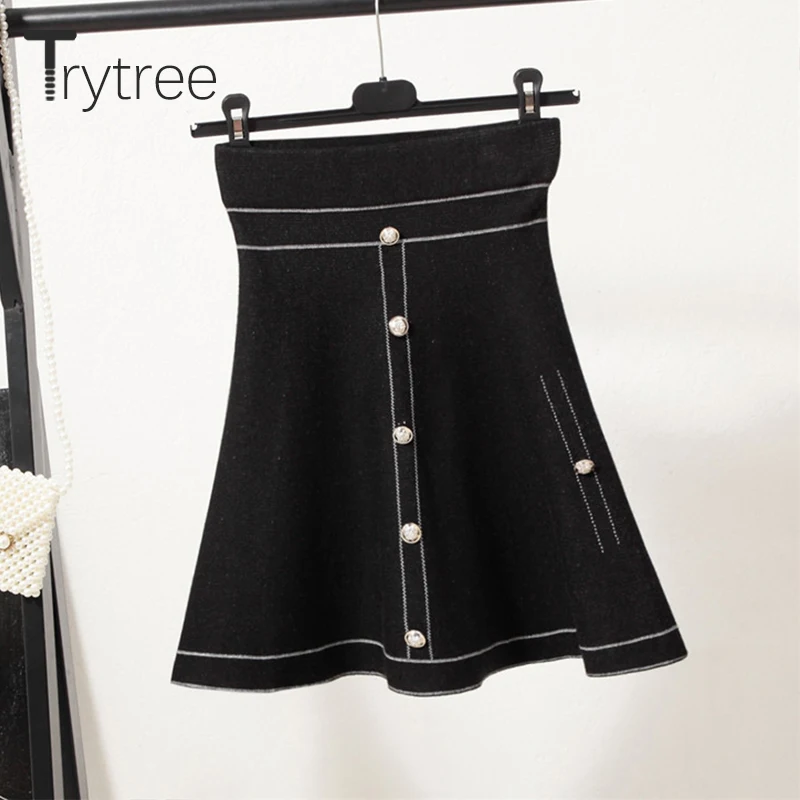 Trytree, осенне-зимняя женская юбка, повседневная, с высокой талией, однотонная, 3 цвета, вязаный, на пуговицах, модная, трапециевидная, мини, Женская юбка