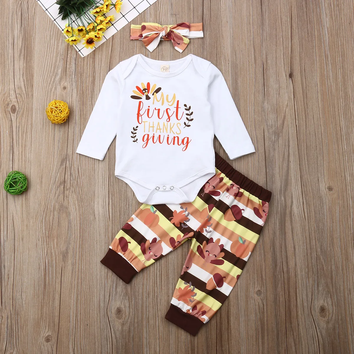 

Pudcoco Newborn Baby Girl Clothes My 1sT Thanksgiving Letter Romper Tops Striped Turkey Print Long Pants Headband 3Pcs Outfits