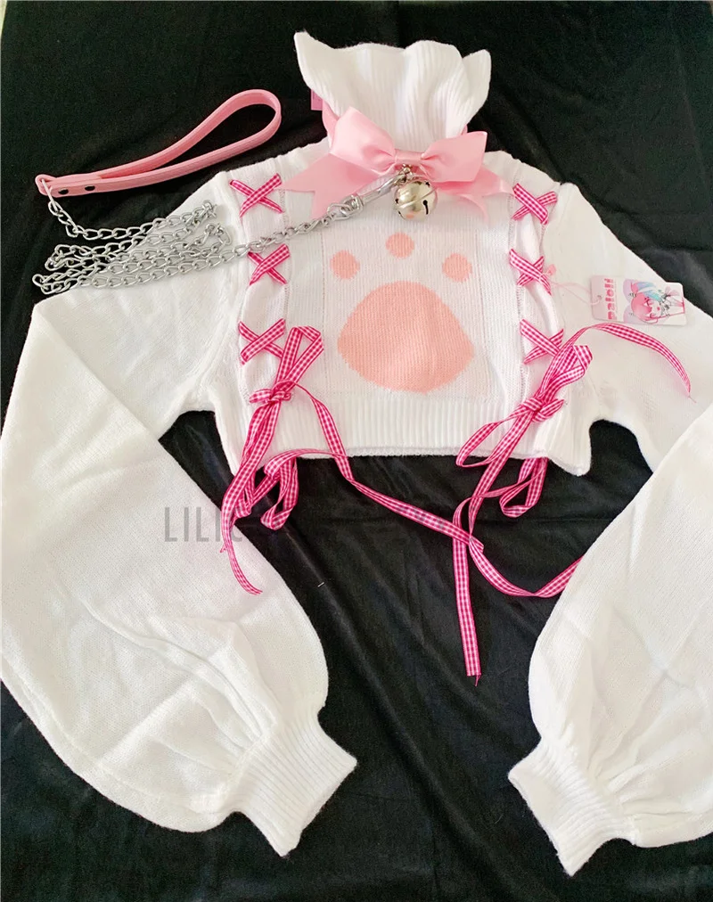

Pastel Girls Mini Sweater Cat Paws Pattern Mini Top with Bell Collar Temptation Sexy Anime Costume Cosplay Women Porno Lenceria