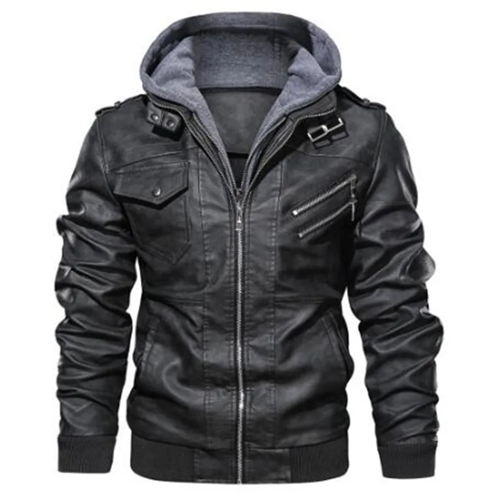 Mens Leather Jacket Men Motorcycle Removable Hood Winter Coat Men Fashion Warm Genuine Leather Jackets Mens Leather Jacket