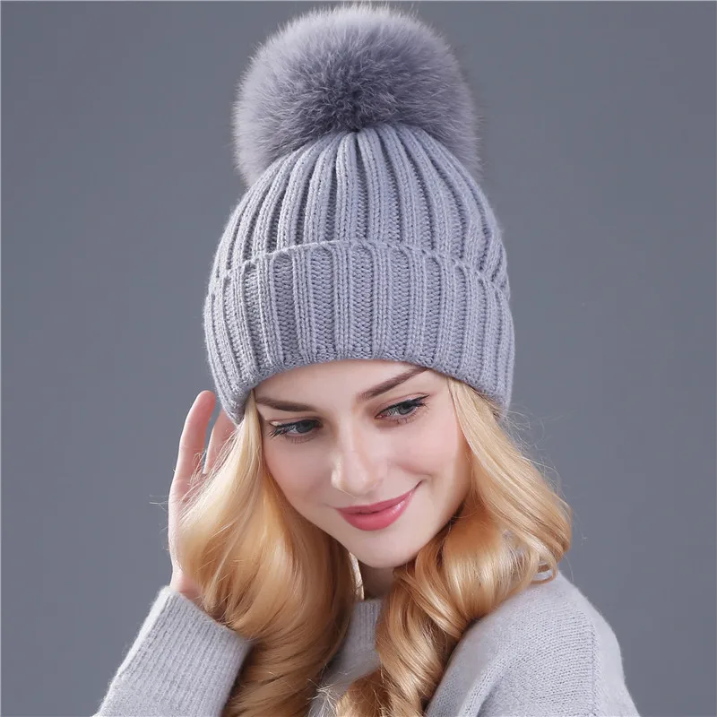 fox gray Xthree, шапка из меха норки и лисы, помпоны, зимняя женская шапка, шапка для девочек, вязаные шапки, шапка, фирменная Новинка, толстая женская шапка - Цвет: fox gray