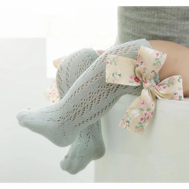 Summer Kids Socks Floral Big Bow Toddlers Girls knee High Long Sock Soft Cotton Hollow Out Baby Socks Mesh Girl Princess Socken Grey