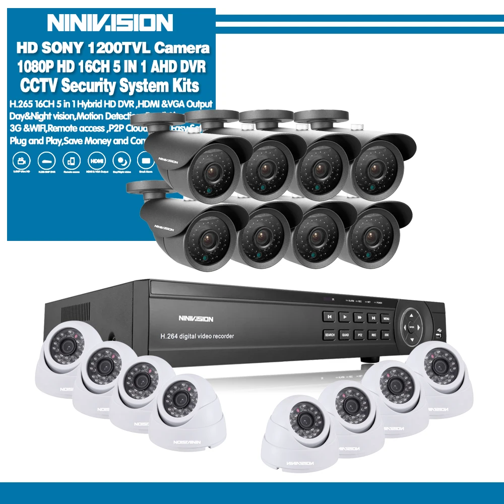 Черный Sony 16CH AHD 1080N 1080P DVR CCTV система камер домашней безопасности 16 шт. ИК наружный 1200TVL домашний комплект видеонаблюдения ночного видения - Цвет: Черный