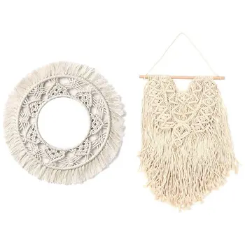 

1 Pcs Macrame Wall Hanging Driftwood Woven Wall Art & 1 Pcs Wall Frame Wall Mount Mirror Small Round Frame