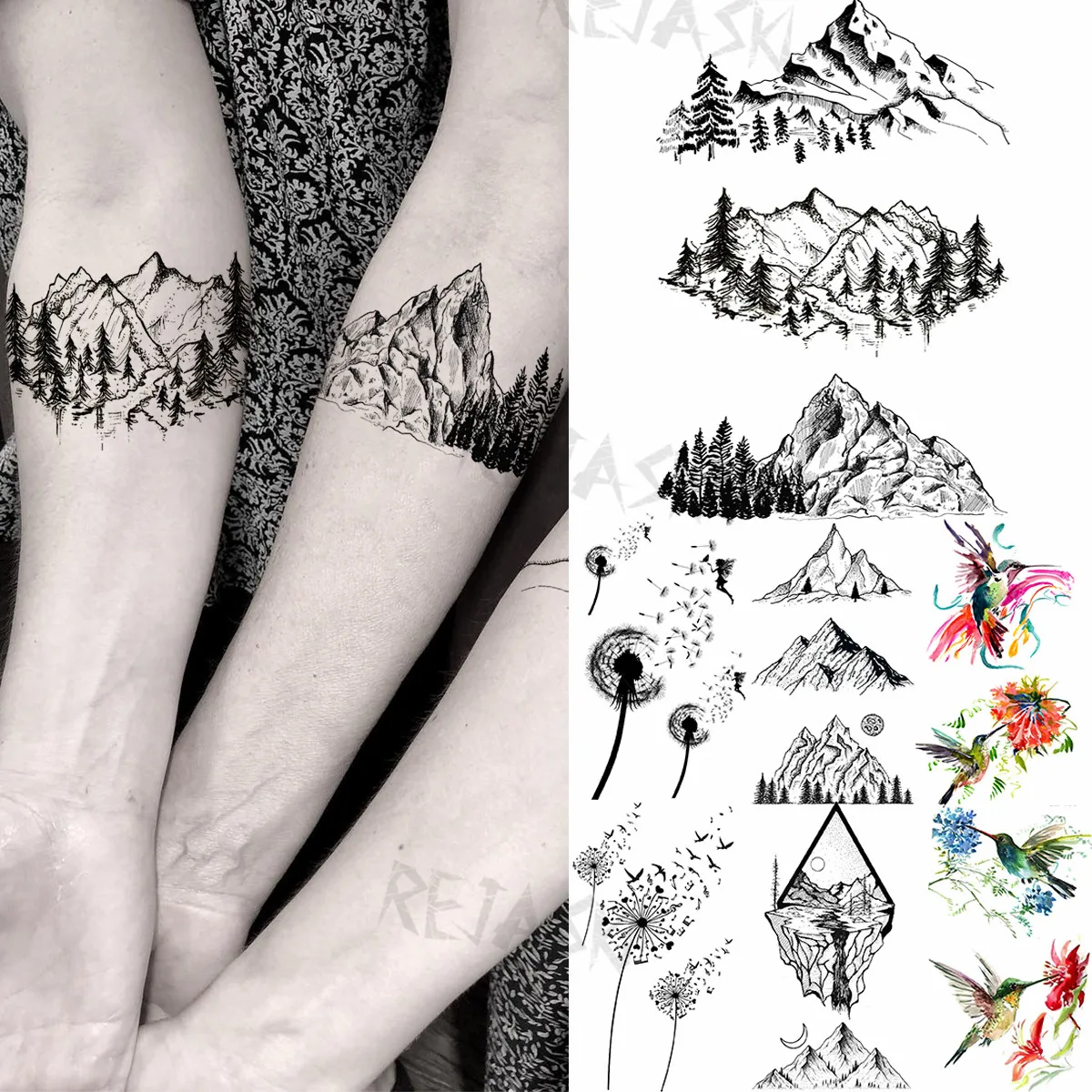 3D Mountain Forest Temporary Tattoos For Women Adult Dandelion Hummingbird Geometry Fake Tattoo Body Art Washable Tatoos Sticker | Красота и