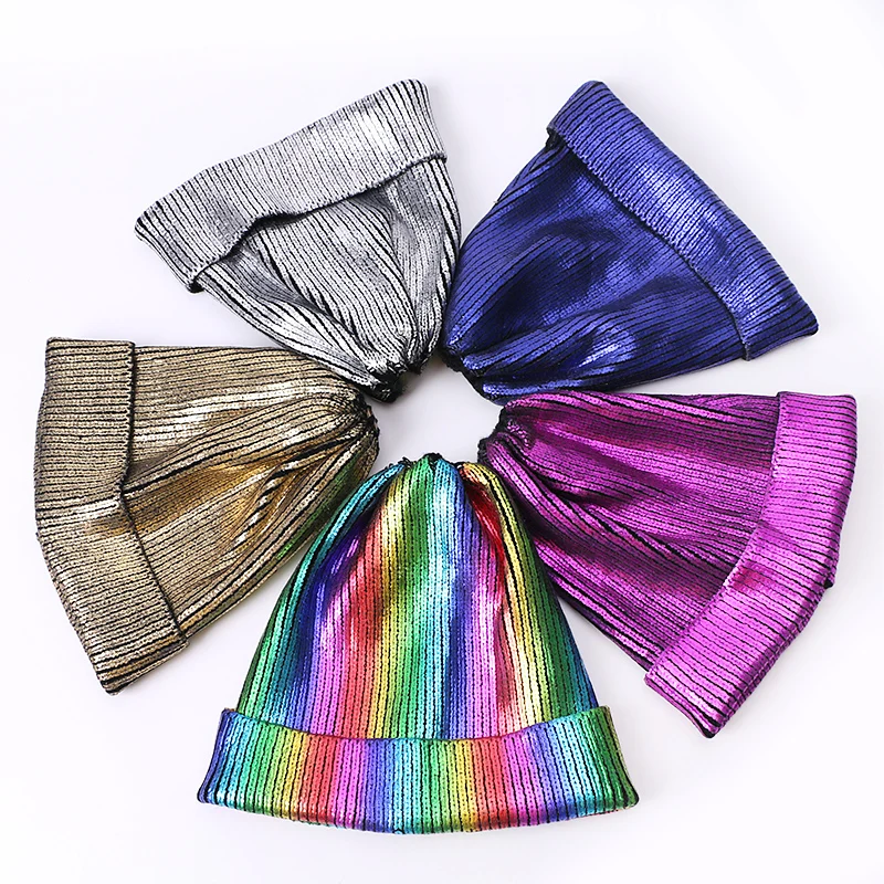 Autumn Winter Ins Gold Silver Purple Metallic Unisex Acrylic Knitted Beanie Cap Hat Skullies Girls Beanies Women Caps 2018 New 3