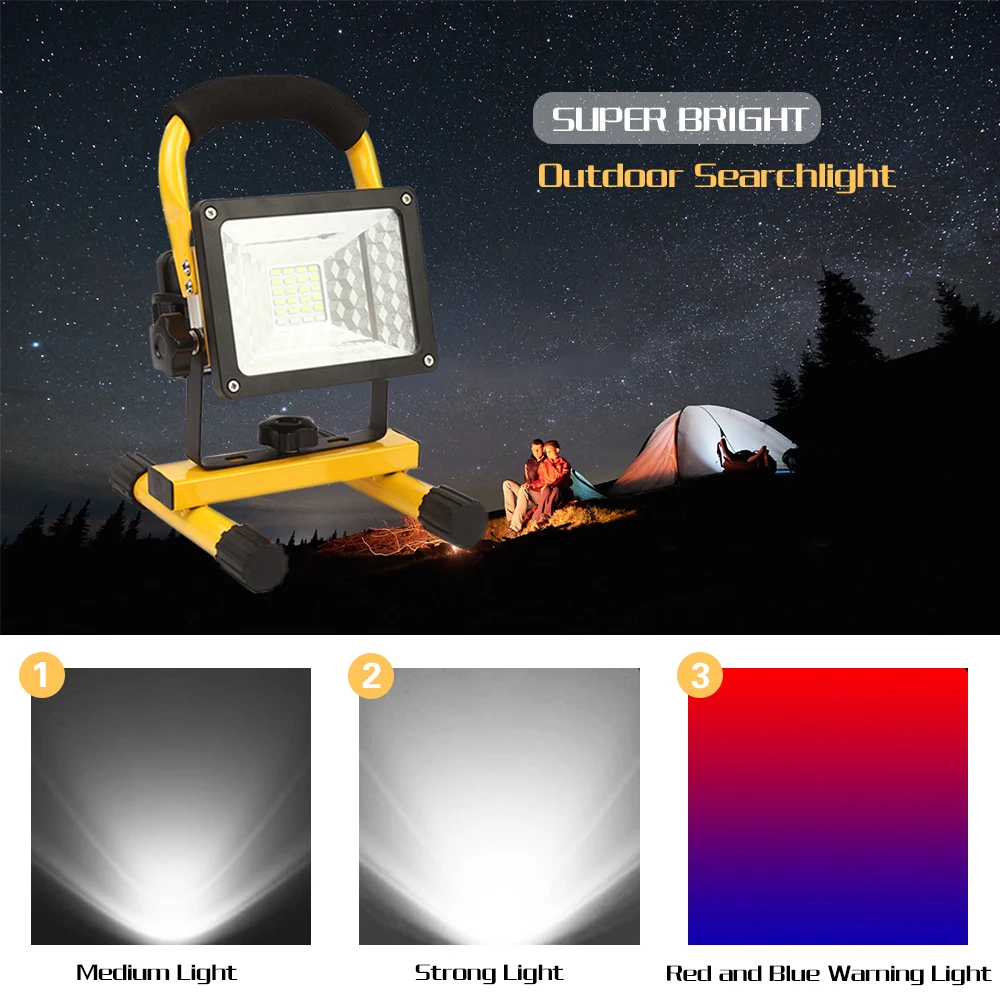 LED 30W Rechargeable Floodlight  24 led Flood light Waterproof Outdoor lights with charger By 18650 Battery construction lamp