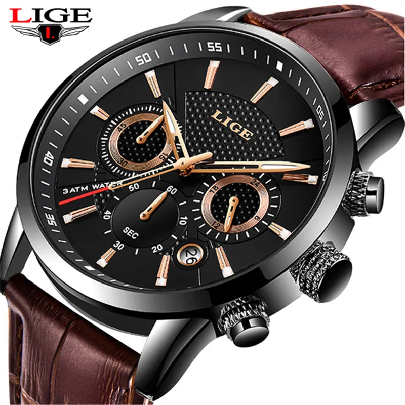 

Relogio Masculino2019LIGE Fashion Waterproof Chronograph Top Brand Luxury Quartz Watch Men's Watch Leather Sports Watch 4.7