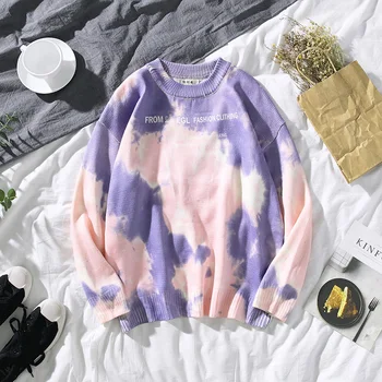 

Men Spring Autumn Fashion Japan Style Long Sleeve Round Neck Tie-Dye Letter Printed Knitting Male Casual Loose Pullover Sweater