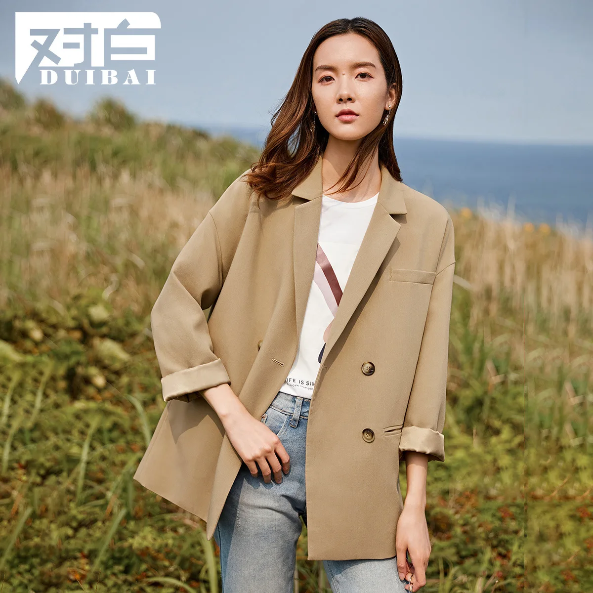 

Solid Color Double Breasted Suit Jacket Women's Autumn New Style 2019 Fashion Ol Commuting Suit Versatile Loose Tops