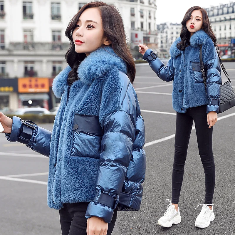 

New Fashion Fox Fur Collar Feather Jacket woman Winter Coat Winter Thick Warm Fur Coat Women Lambs Wool Fur Suede Jacket