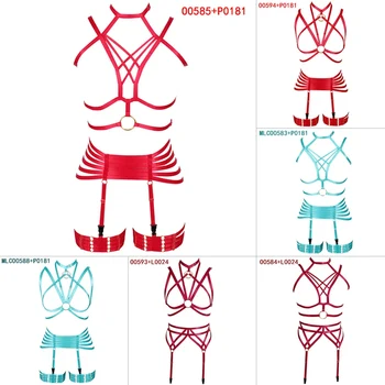 

Red Body Harness Bra Elastic Adjust Plus Size Full Cupless Bra Hollow Out Strappy Garters Belt Punk Goth Rave Sexy Lingerie Set