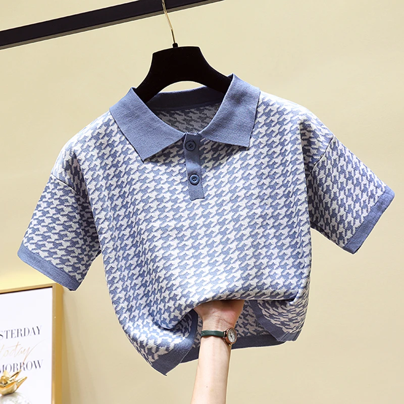 Женская трикотажная футболка с принтом гусиная лапка укороченный топ на