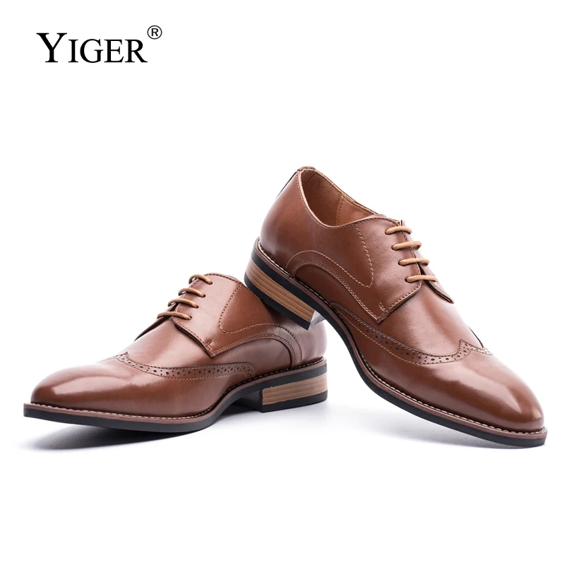 

YIGER New Bullock man dress shoes lace-up genuine leather big size man Business shoes male formal shoes 0359