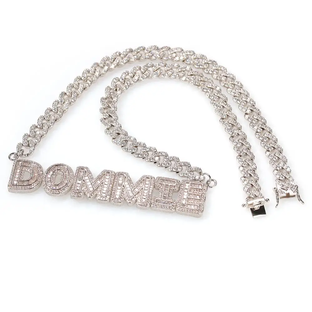 TBTK DIY Small Baguettecz Letter Pendant Necklace  With 9MM Cuban Chain Necklaces Zirconia For Women And Men Jewelry