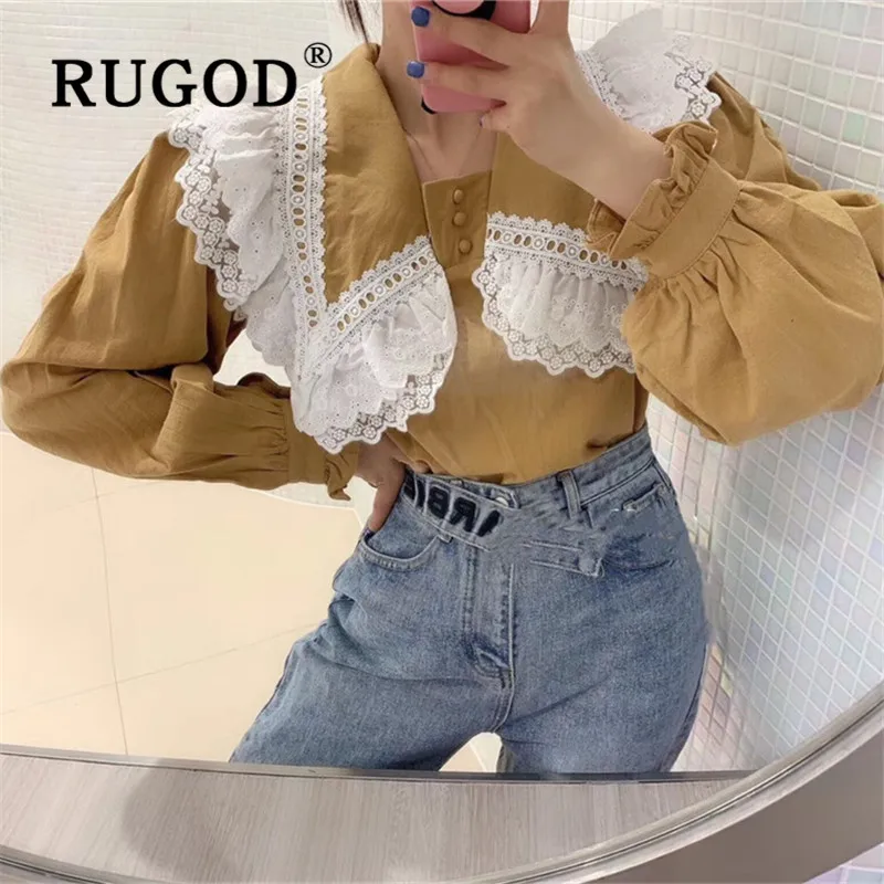 RUGOD винтажная блузка женские блузки с длинным рукавом элегантный топ корейская модная одежда женские рубашки Милая рубашка отложной воротник