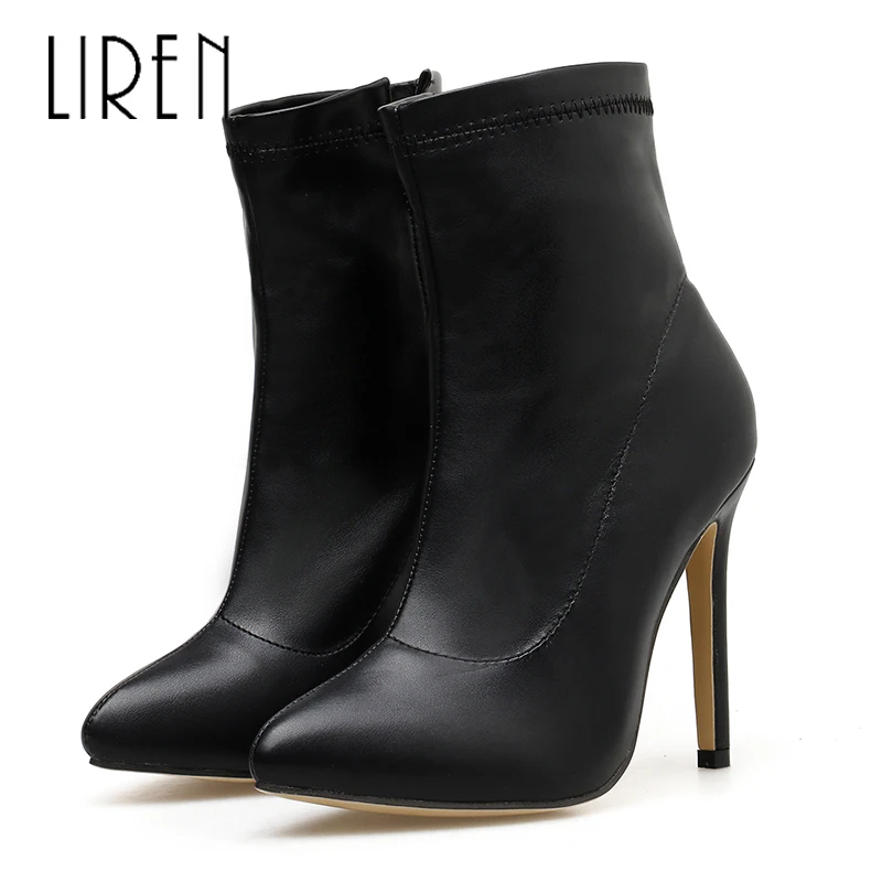 

Liren 2019 Spring/Autumn PU New Fashion Sexy Lady Zip Ankle Boots Pointed Toe High Thin Heels Boots Comfortable Lady Sexy Boots