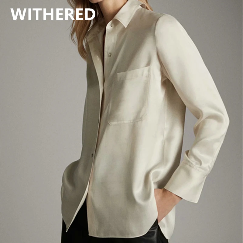 Withered england style office lady simple satin pockets loose blouse women blusas mujer de moda 2020 kimono shirt womens tops Withered england style office lady simple satin pockets loose blouse women blusas mujer de moda 2020 kimono shirt womens tops