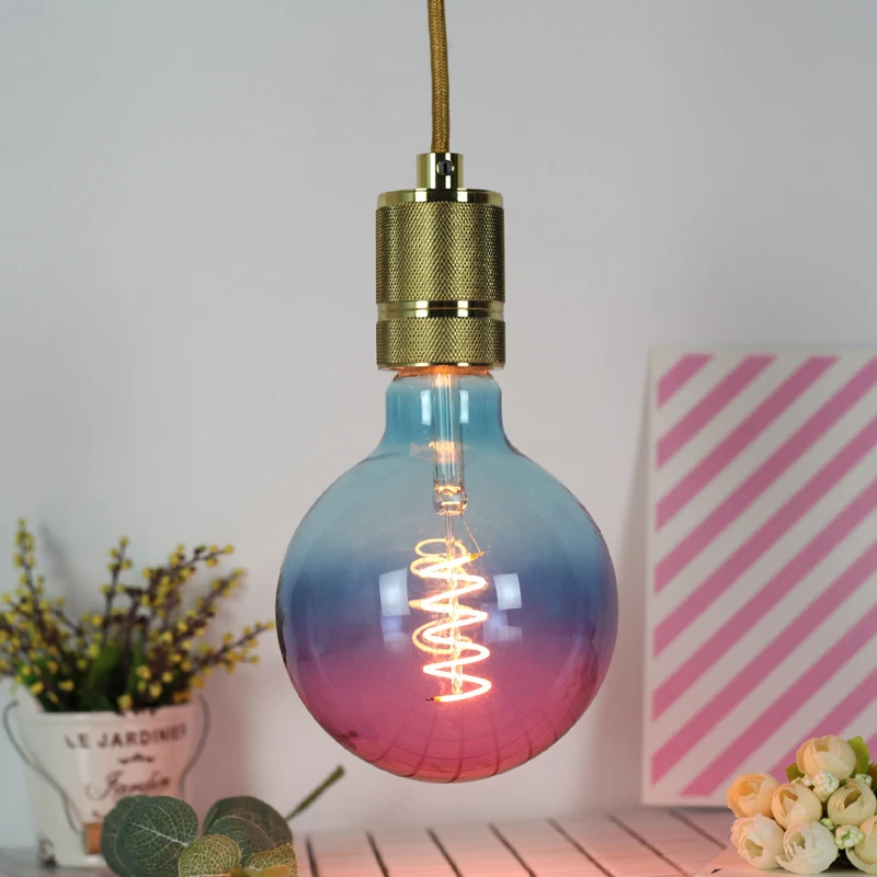 

Edison Bulb Colorful G125 Gradient Bulb Purple Blue LED Flexible Filament Lamp Soft Filament E27 220V 4W Supports Dimming