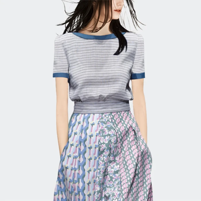 LLZACOOSH Fashion Women Summer Short Sleeve Pullover Stripe TShirt Top& A Line Printed Knee Lenght Skirt Two Piece Sets Outfits