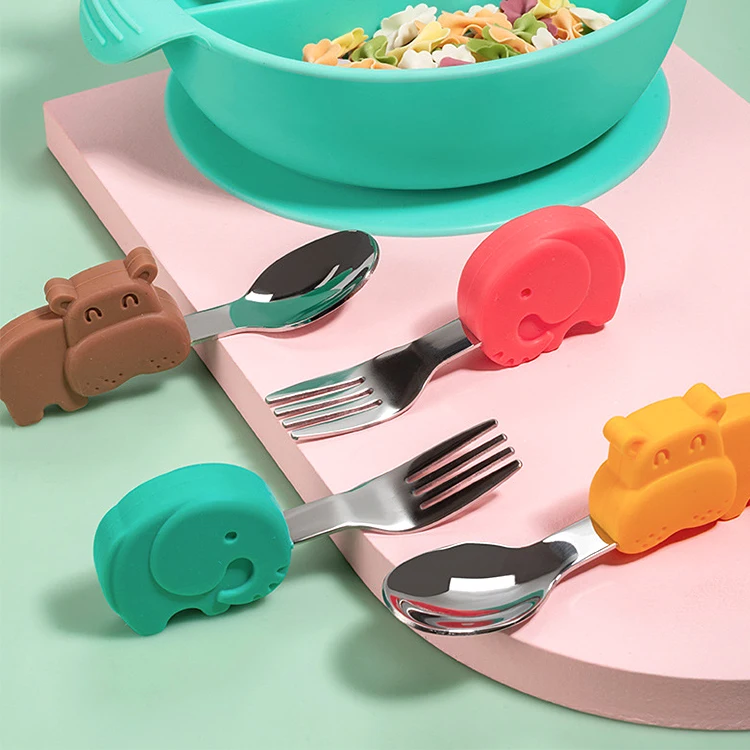 Bebê gadgets conjunto de utensílios de mesa crianças utensílio de aço inoxidável da criança louça talheres desenhos animados alimentos infantis alimentação colher garfo|Utensílios| -