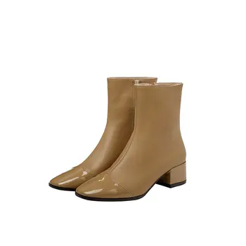 

2020 Autumn Winter Newest Square Toe Ladies Boots Genuine Leather Concise High Heels Shoes Working Party Shoes Woman Heels