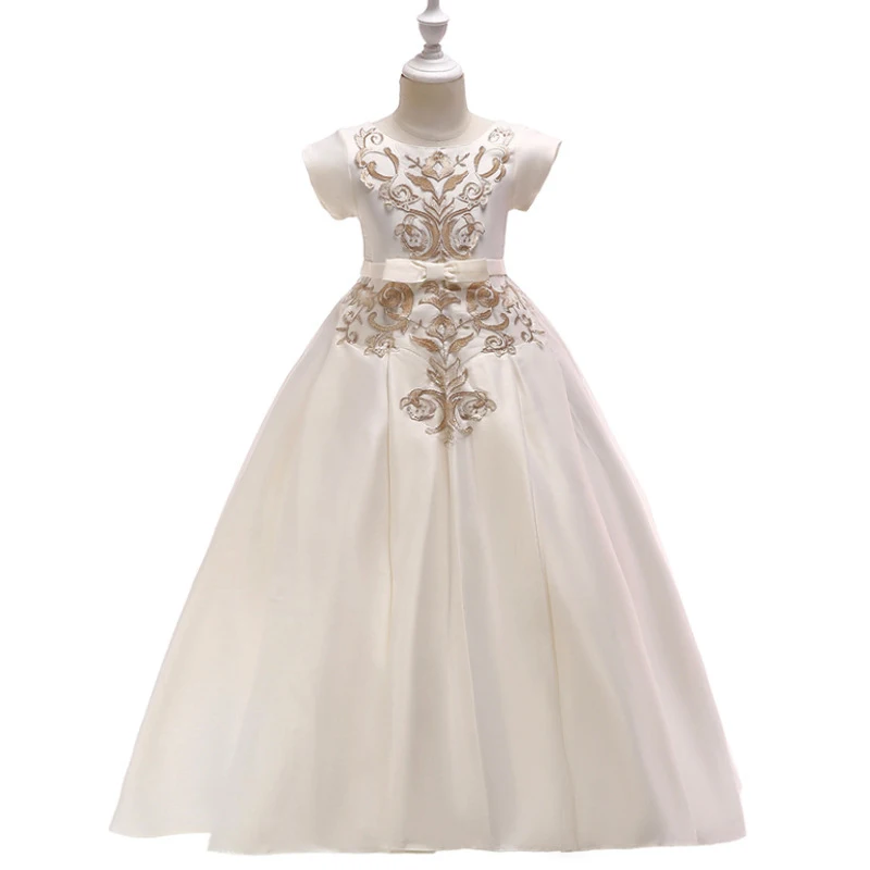 

Girls Dress Flower Embroidery Satin Ball Gown Long Princess Vestidos Formal Children Clothes First Communion Dress For Girls