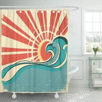 

Shower Curtain Blue Surf Sea Waves Vintage of Nature with Sun Retro Beach Waterproof Polyester Fabric Set with Hooks
