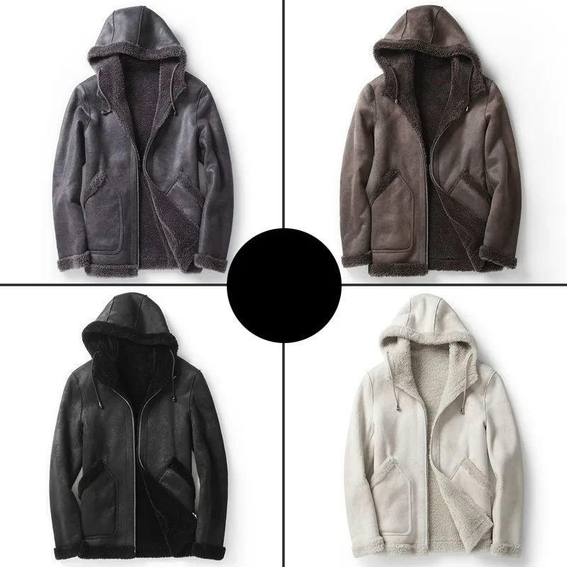

Short Real Fur Coat Men Hooded Autumn Winter Leather Jacket Man Sheep Shearing Wool Coats Two Side Wear MC18C170 KJ1200